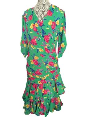 Vintage Frank Usher  Floral Wrap Ruffle Dress